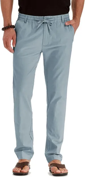 Mens Casual Pants Elastic Waist Drawstring Lightweight Pants Tapered Chino Trousers with Pockets