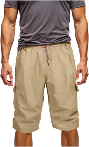 Mens Chino Shorts Casual Drawstring Elastic Waist Plus Size Loose Short Pants with Multiple Pockets Flowy Shorts