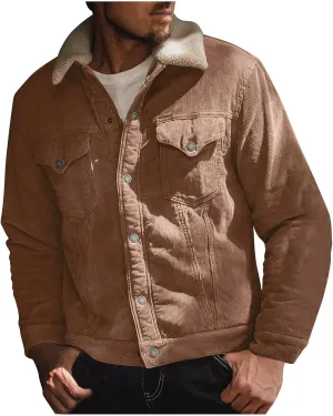 Men's Corduroy Sherpa Lined Trucker Jacket Thickened Warm Winter Bomber Coats Fleece Lined Vintage Lapel Jackets