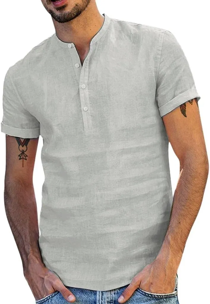 Men's Cotton Linen Henley Shirts Short Sleeve Button Up V Neck Loose Fit Solid T-Shirt Casual Summer Vacation Beach Tops