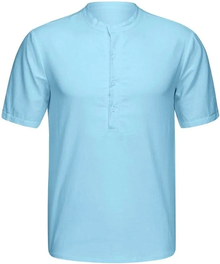 Men's Cotton Linen Henley Shirts Short Sleeve Button Up V Neck Loose Fit Solid T-Shirt Casual Summer Vacation Beach Tops