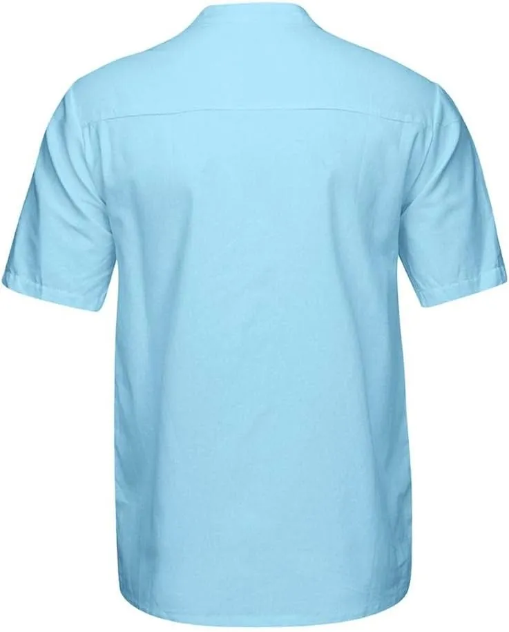 Men's Cotton Linen Henley Shirts Short Sleeve Button Up V Neck Loose Fit Solid T-Shirt Casual Summer Vacation Beach Tops