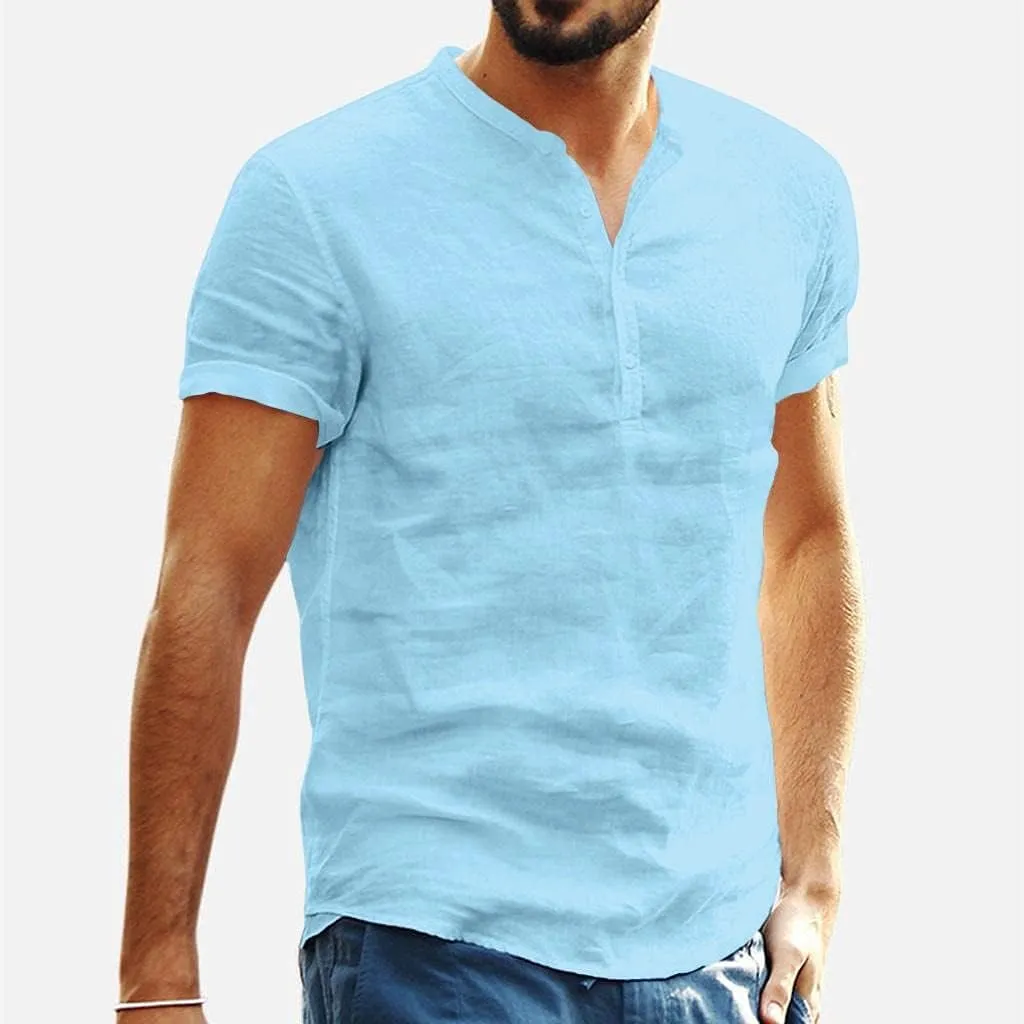 Men's Cotton Linen Henley Shirts Short Sleeve Button Up V Neck Loose Fit Solid T-Shirt Casual Summer Vacation Beach Tops