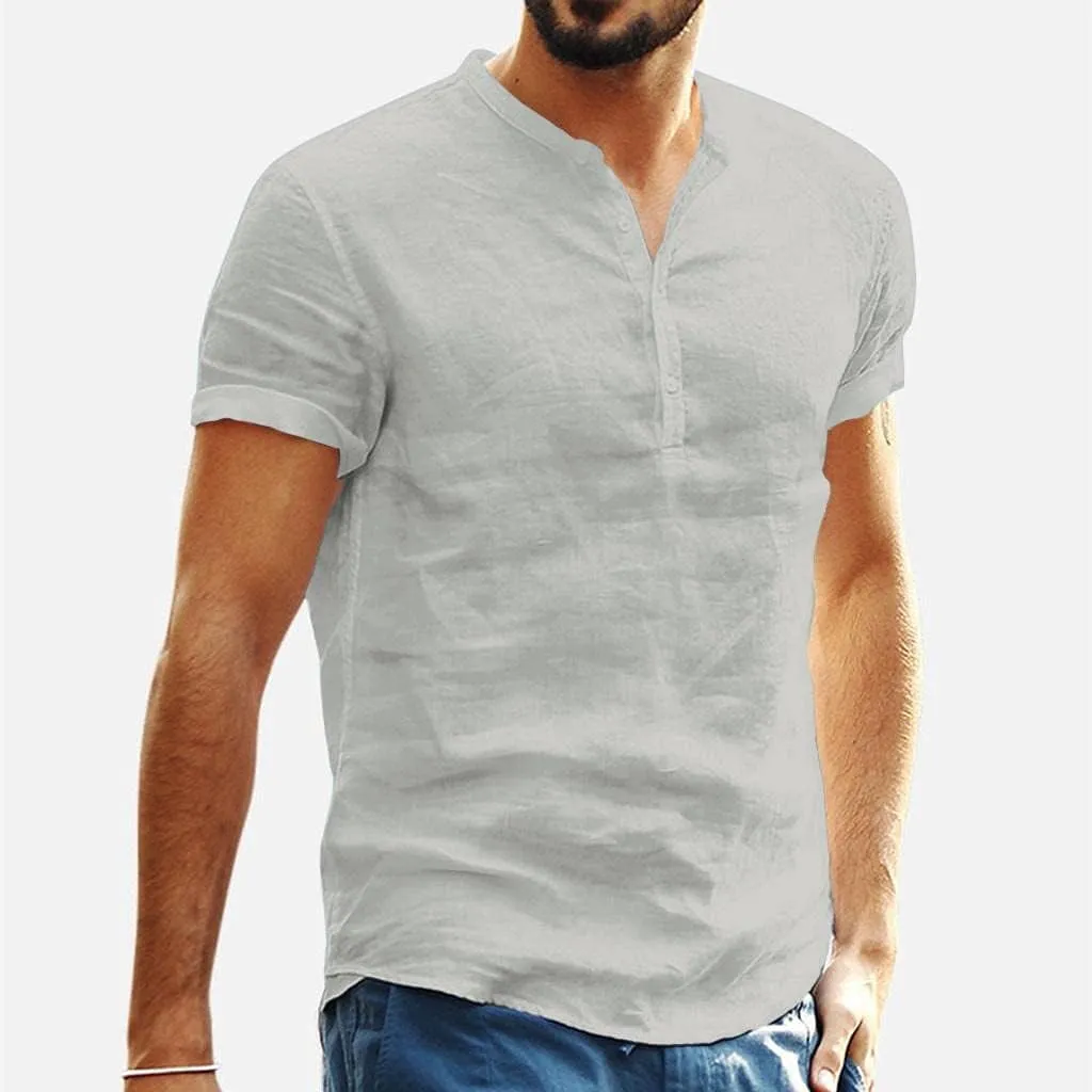 Men's Cotton Linen Henley Shirts Short Sleeve Button Up V Neck Loose Fit Solid T-Shirt Casual Summer Vacation Beach Tops