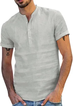 Men's Cotton Linen Henley Shirts Short Sleeve Button Up V Neck Loose Fit Solid T-Shirt Casual Summer Vacation Beach Tops