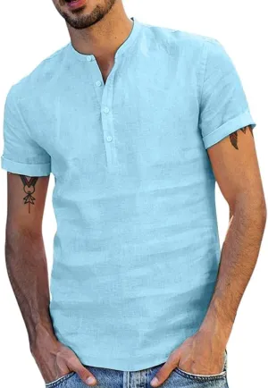 Men's Cotton Linen Henley Shirts Short Sleeve Button Up V Neck Loose Fit Solid T-Shirt Casual Summer Vacation Beach Tops