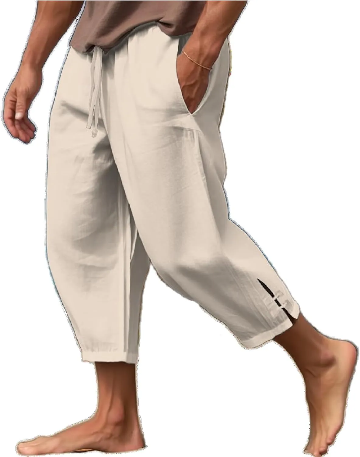 Mens Cotton Linen Pants Casual Drawstring Elastic Waist Yoga Pants Summer Beach Loose Trousers
