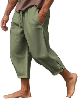 Mens Cotton Linen Pants Casual Drawstring Elastic Waist Yoga Pants Summer Beach Loose Trousers