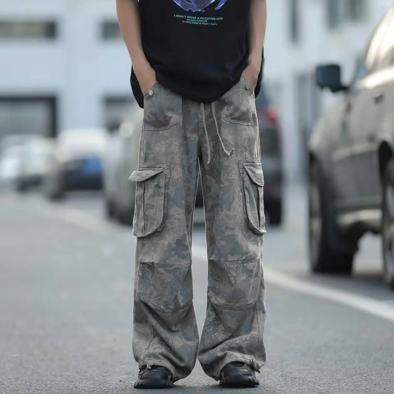 Mens Elastic Waist Camo Cargo Pants Multi Pocket Cargo Outdoor Hiking Jogger Work Pants for Men