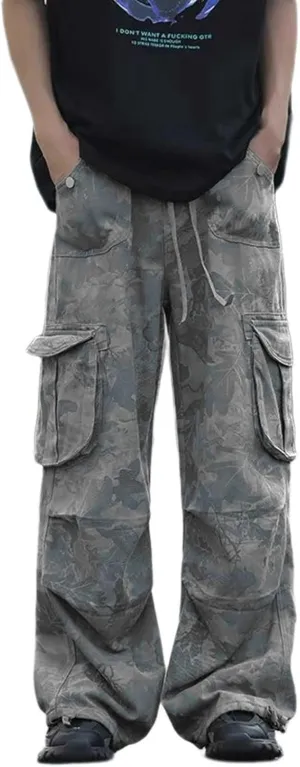 Mens Elastic Waist Camo Cargo Pants Multi Pocket Cargo Outdoor Hiking Jogger Work Pants for Men