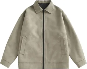 Men's Faux Leather Bomber Jacket Lightweight Casual Oversize Full Zip Varsity Jackets Vintage Casual Trucker Jacket