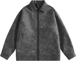 Men's Faux Leather Bomber Jacket Lightweight Casual Oversize Full Zip Varsity Jackets Vintage Casual Trucker Jacket