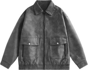 Men's Faux Leather Bomber Jacket Lightweight Casual Oversize Full Zip Varsity Jackets Vintage Casual Trucker Jacket