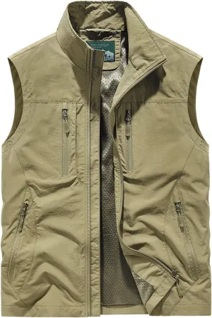 Men's Full Zip Sleeveless Quick Dry Jacket Casual Outdoor Vest Outerwear Multi Pockets Fishing Vests for Sport Golf
