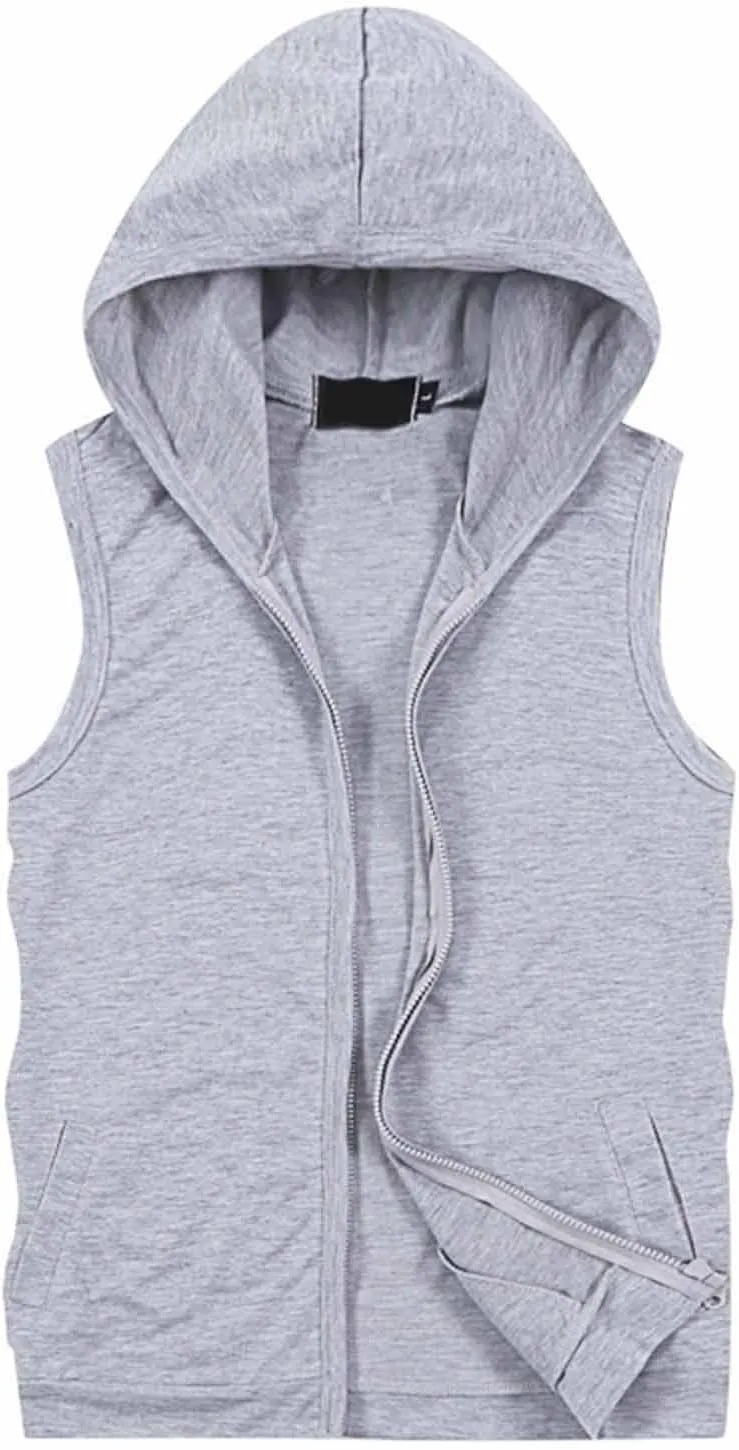 Men's Hooded Workout Tank Top Full Zip Sleeveless Gym Shirts Muscle Cut Off T Shirt Bodybuilding Hoodies Rash Guard
