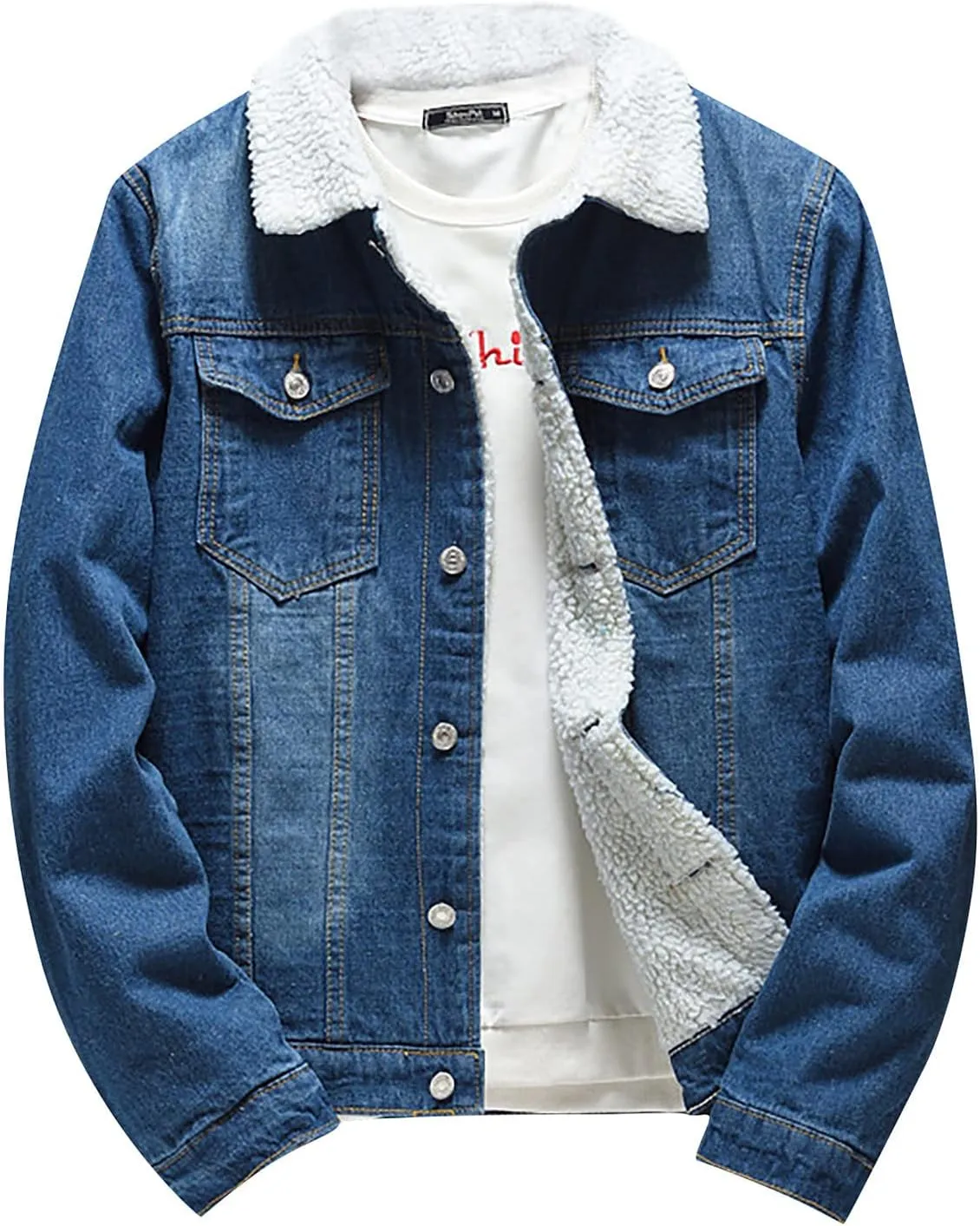 Men's Lapel Sherpa Fleece Lined Thicken Denim Jacket Casual Stylish Warm Button Up Trucker Jean Jackets Coats, L-6XL