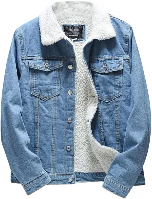 Men's Lapel Sherpa Fleece Lined Thicken Denim Jacket Casual Stylish Warm Button Up Trucker Jean Jackets Coats, L-6XL