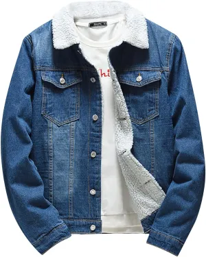 Men's Lapel Sherpa Fleece Lined Thicken Denim Jacket Casual Stylish Warm Button Up Trucker Jean Jackets Coats, L-6XL