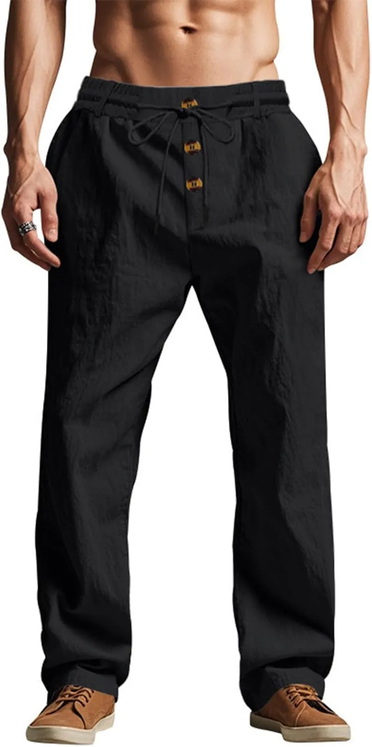 Mens Linen Pants Elastic Drawstring Waist Straight Legs Trouser with Pockets Casual Summer Loose Fit Yoga Beach Pant