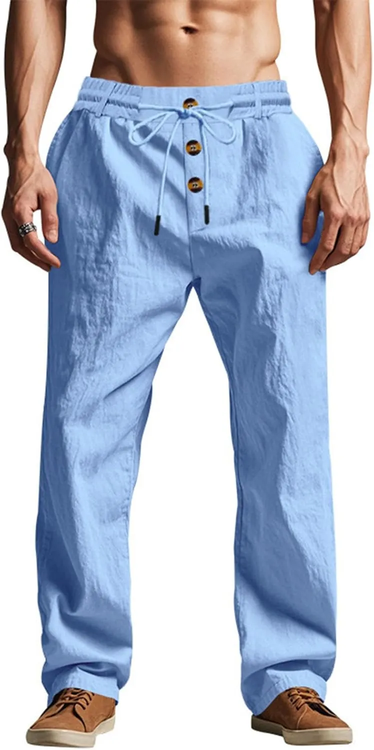 Mens Linen Pants Elastic Drawstring Waist Straight Legs Trouser with Pockets Casual Summer Loose Fit Yoga Beach Pant