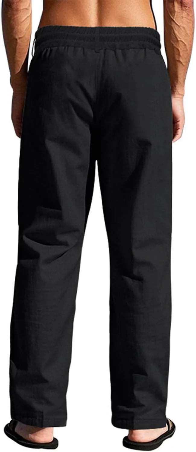 Mens Linen Pants Elastic Drawstring Waist Straight Legs Trouser with Pockets Casual Summer Loose Fit Yoga Beach Pant