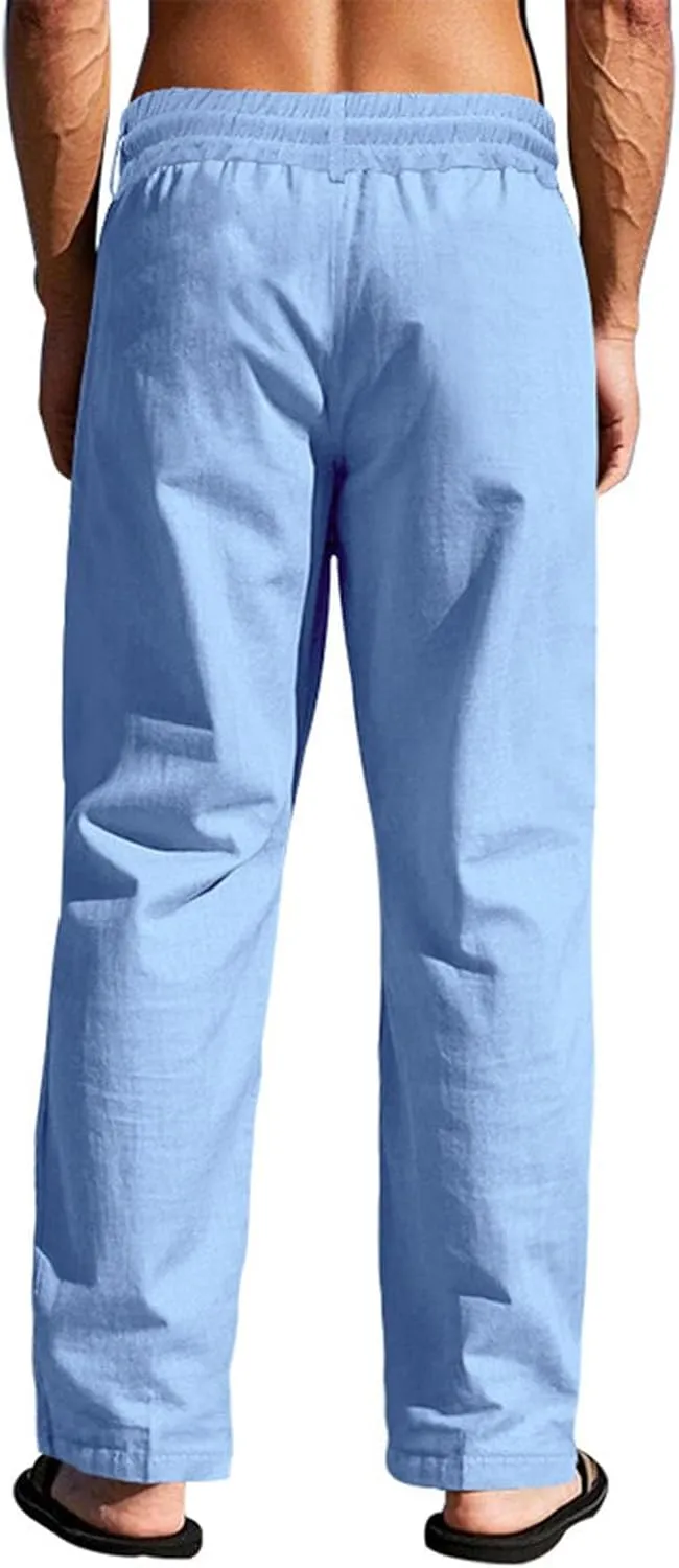 Mens Linen Pants Elastic Drawstring Waist Straight Legs Trouser with Pockets Casual Summer Loose Fit Yoga Beach Pant