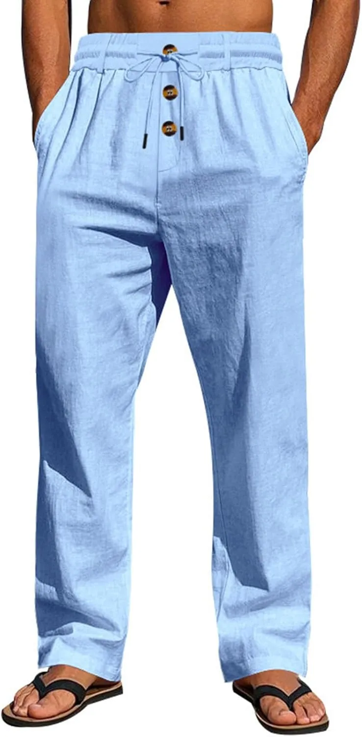 Mens Linen Pants Elastic Drawstring Waist Straight Legs Trouser with Pockets Casual Summer Loose Fit Yoga Beach Pant