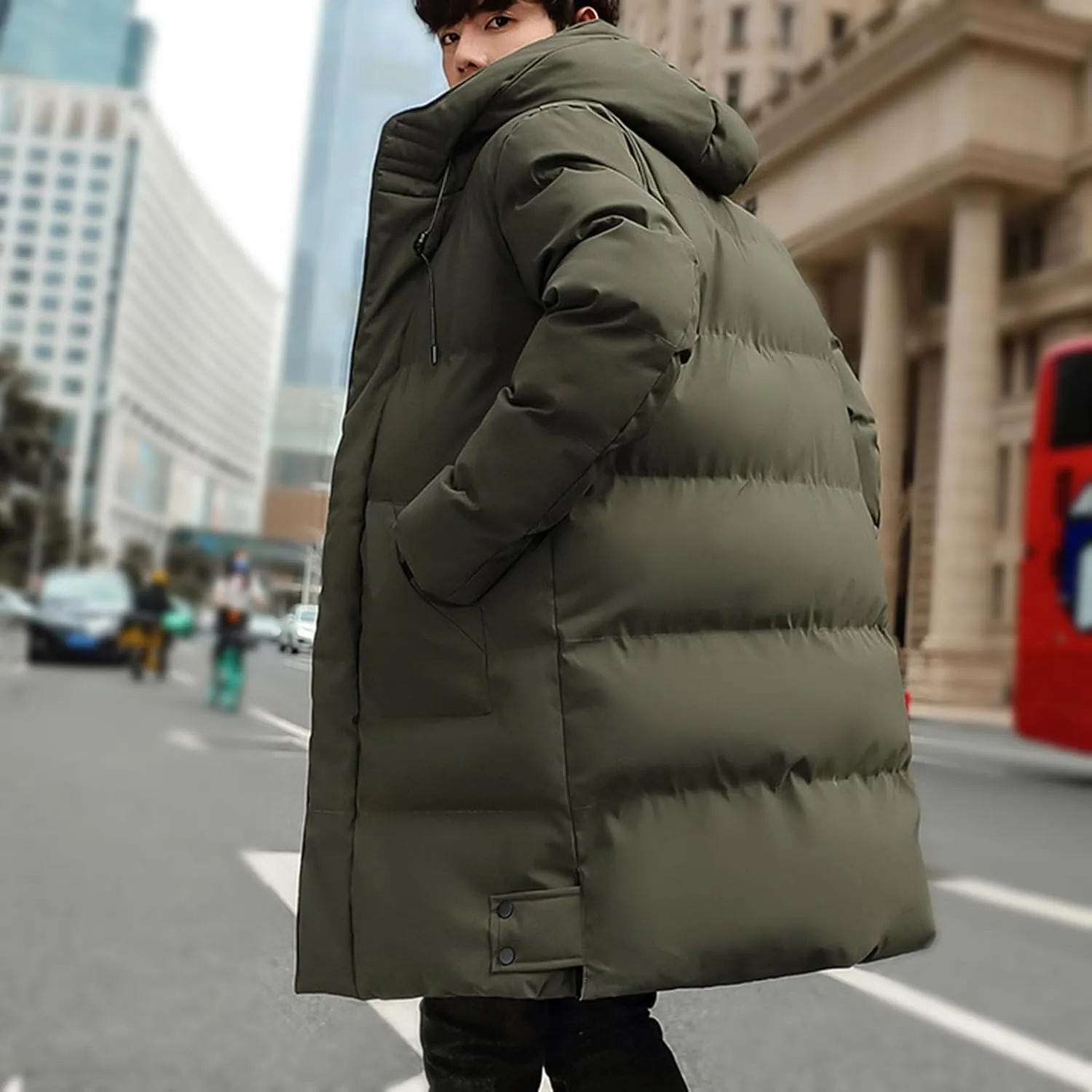 Men's Long Puffer Jacket Hooded Down Coats Winter Warm Windbreaker Overcoat