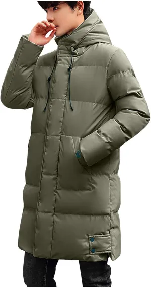 Men's Long Puffer Jacket Hooded Down Coats Winter Warm Windbreaker Overcoat