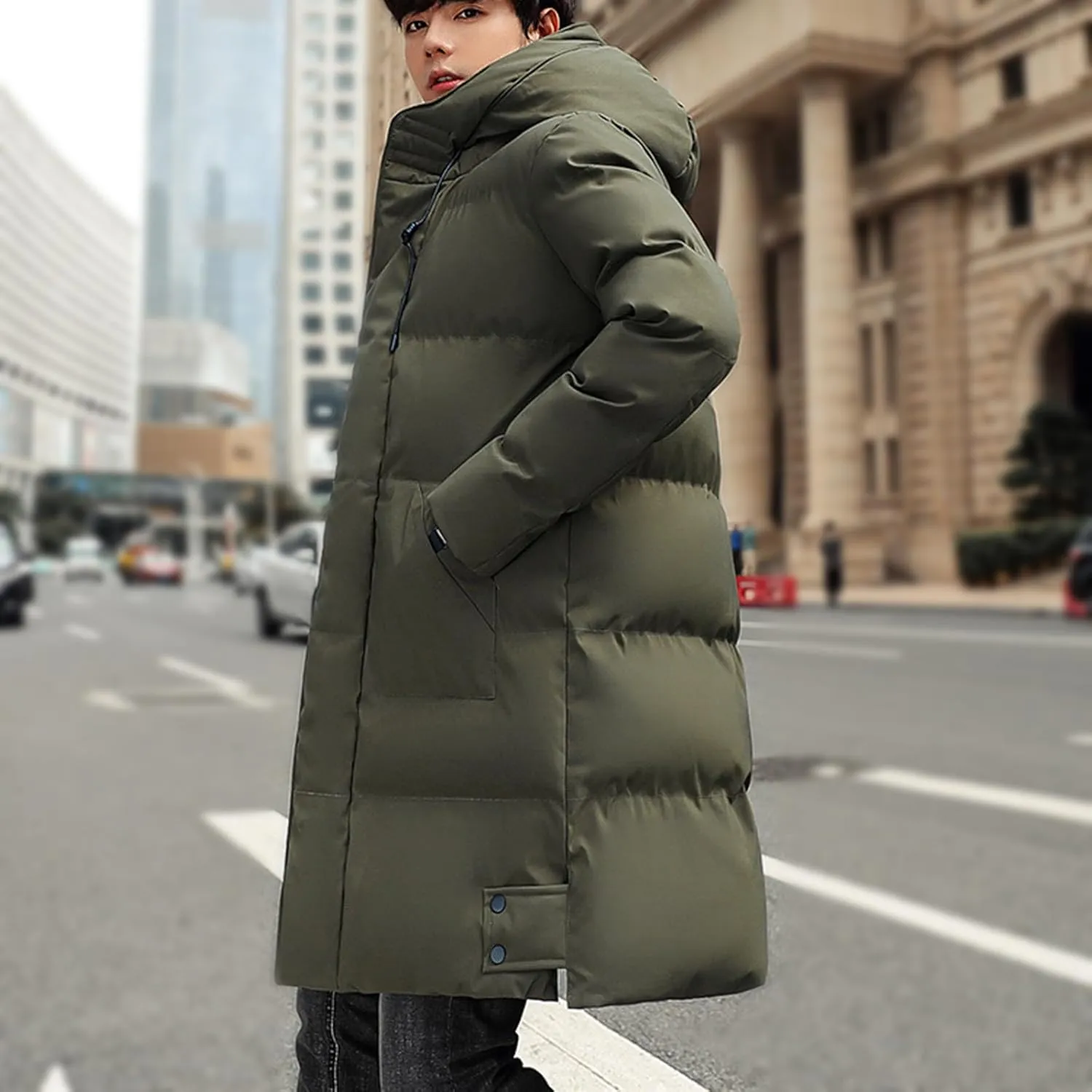 Men's Long Puffer Jacket Hooded Down Coats Winter Warm Windbreaker Overcoat