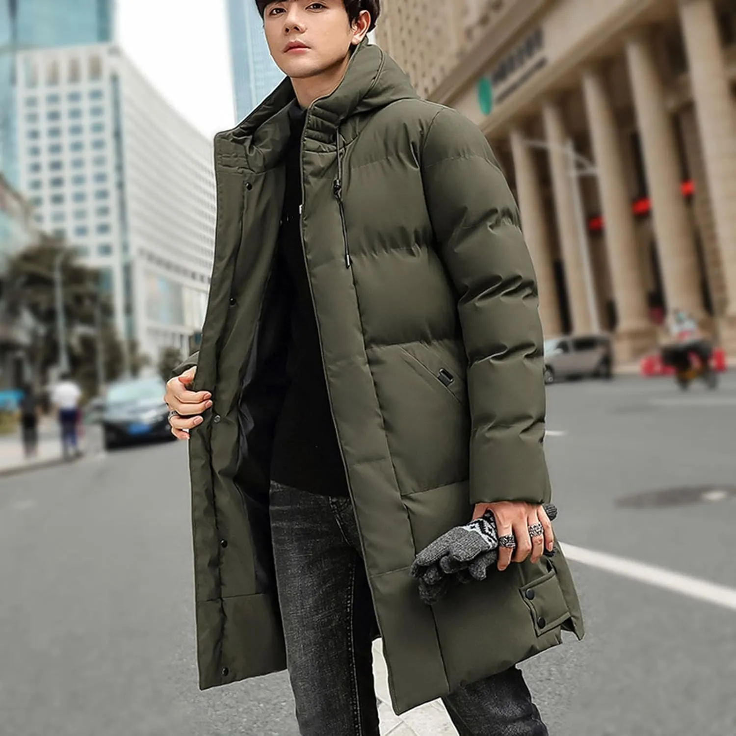 Men's Long Puffer Jacket Hooded Down Coats Winter Warm Windbreaker Overcoat