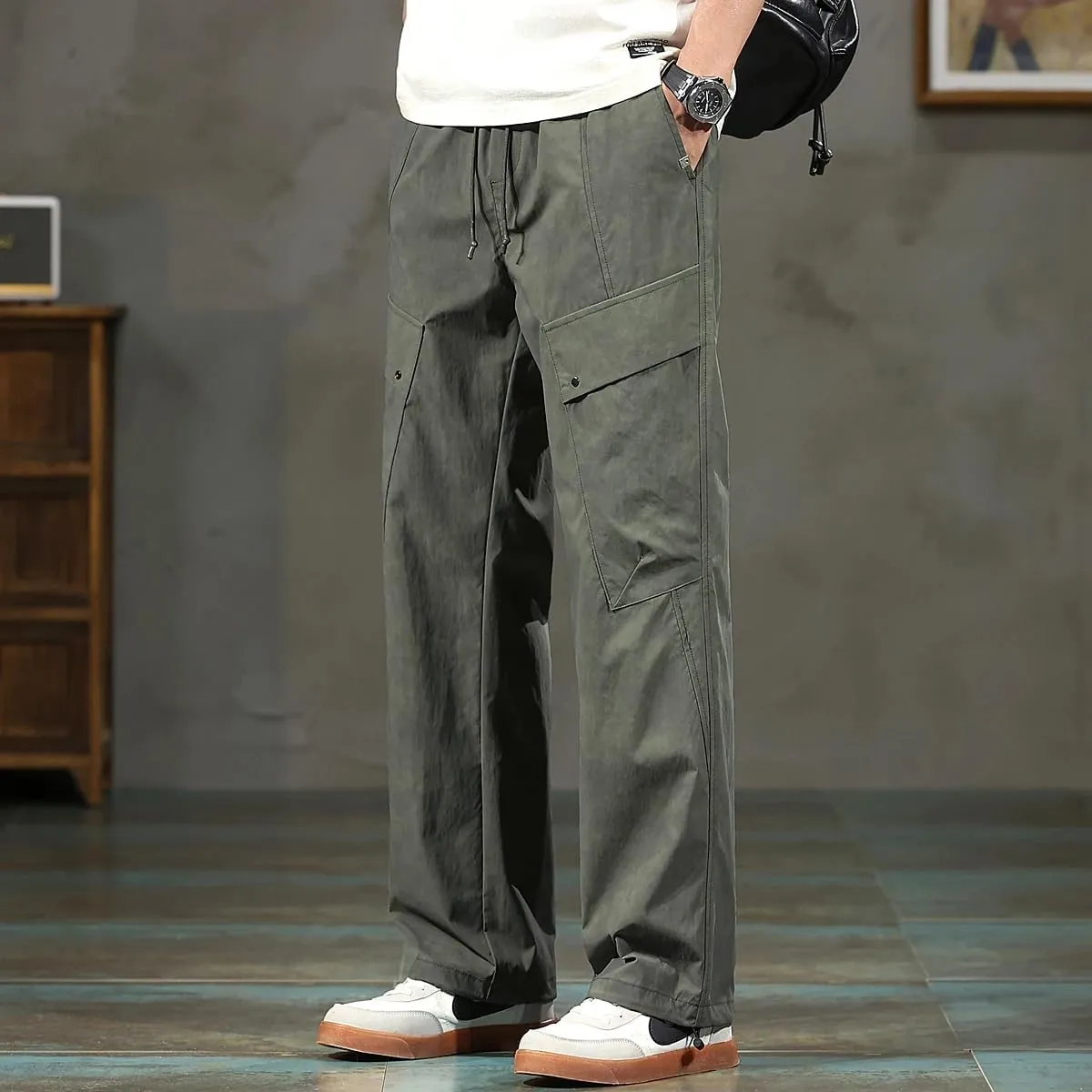 Men's Relaxed Fit Washed Workwear Cargo Pants Multi-Pocket Straight Leg Casual Pants