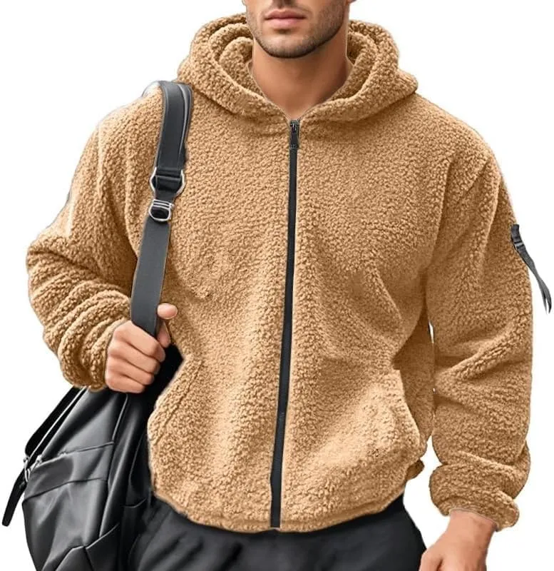 Men's Sherpa-Lined Athletic Hoodie Zip-Up Fleece Jacket Warm Sports Coat with Pockets