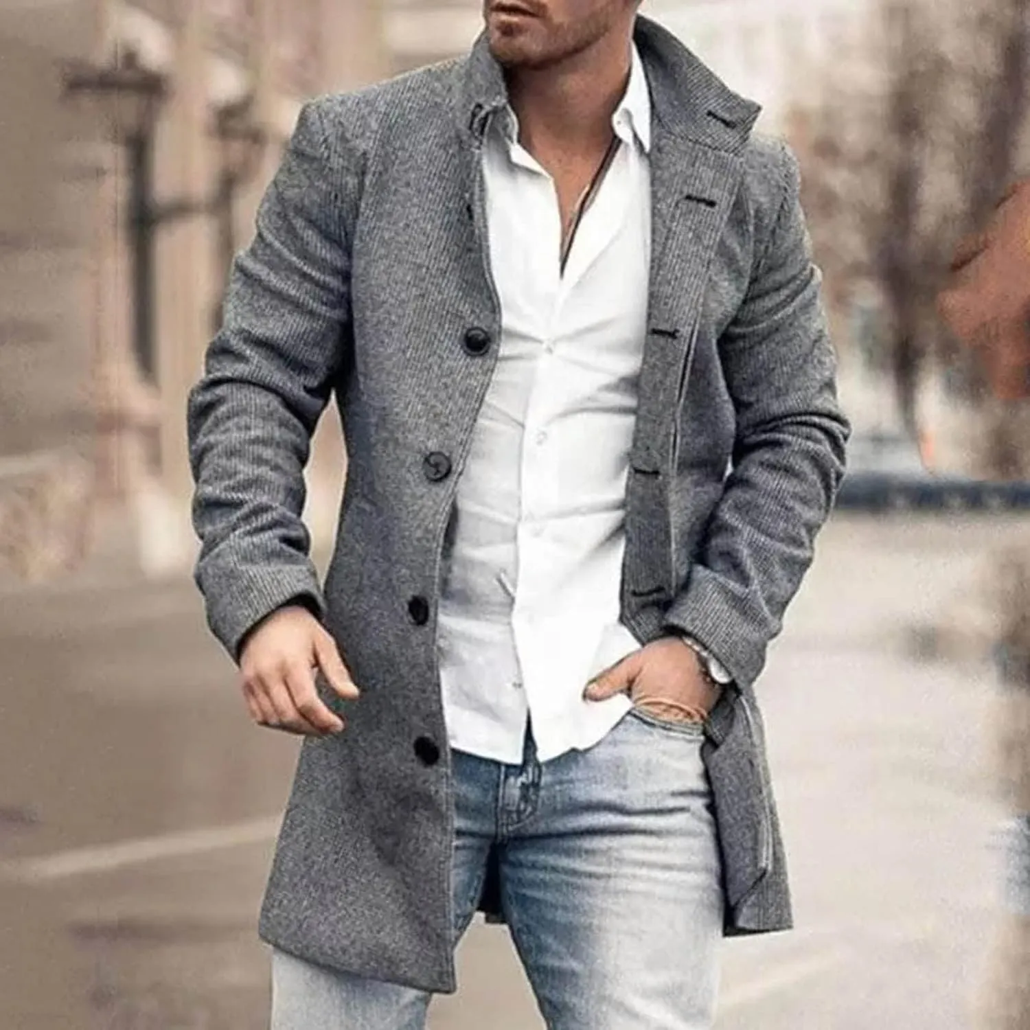 Mens Single Breasted Duffle Trench Coat Mid Length Winter Warm Winbreaker Pea Coat Notch Lapel Long Casual Overcoat