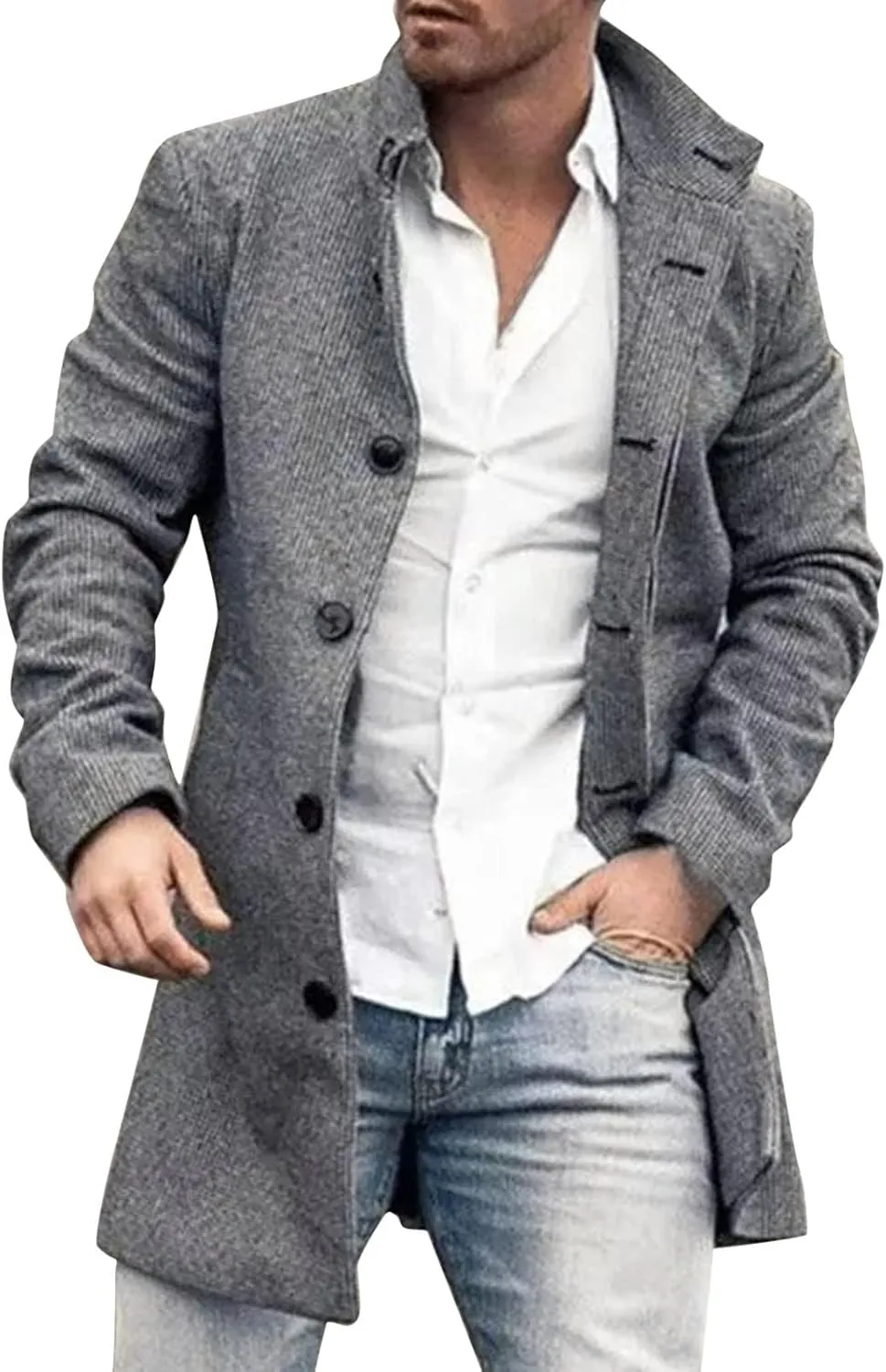 Mens Single Breasted Duffle Trench Coat Mid Length Winter Warm Winbreaker Pea Coat Notch Lapel Long Casual Overcoat