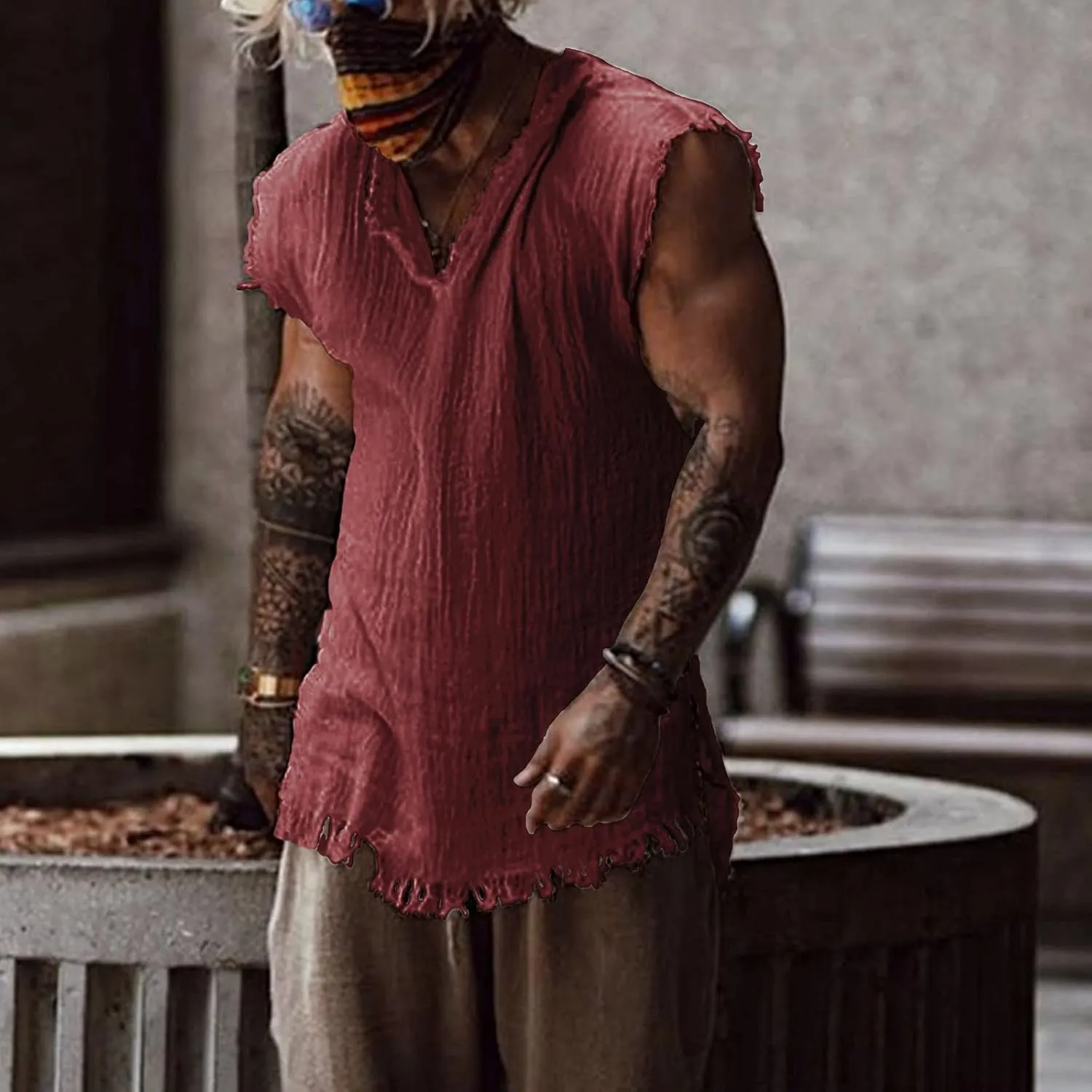 Mens Sleevess Summer Shirts Casual Cotton Linen Cut Off Muscle T-Shirt Vintage Raw Edge V-Neck Baggy Tank Tops Vest