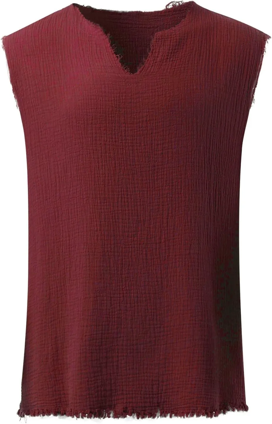 Mens Sleevess Summer Shirts Casual Cotton Linen Cut Off Muscle T-Shirt Vintage Raw Edge V-Neck Baggy Tank Tops Vest