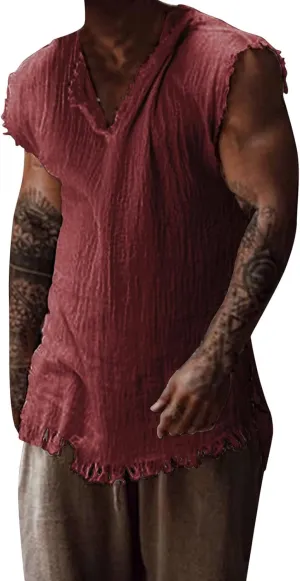 Mens Sleevess Summer Shirts Casual Cotton Linen Cut Off Muscle T-Shirt Vintage Raw Edge V-Neck Baggy Tank Tops Vest