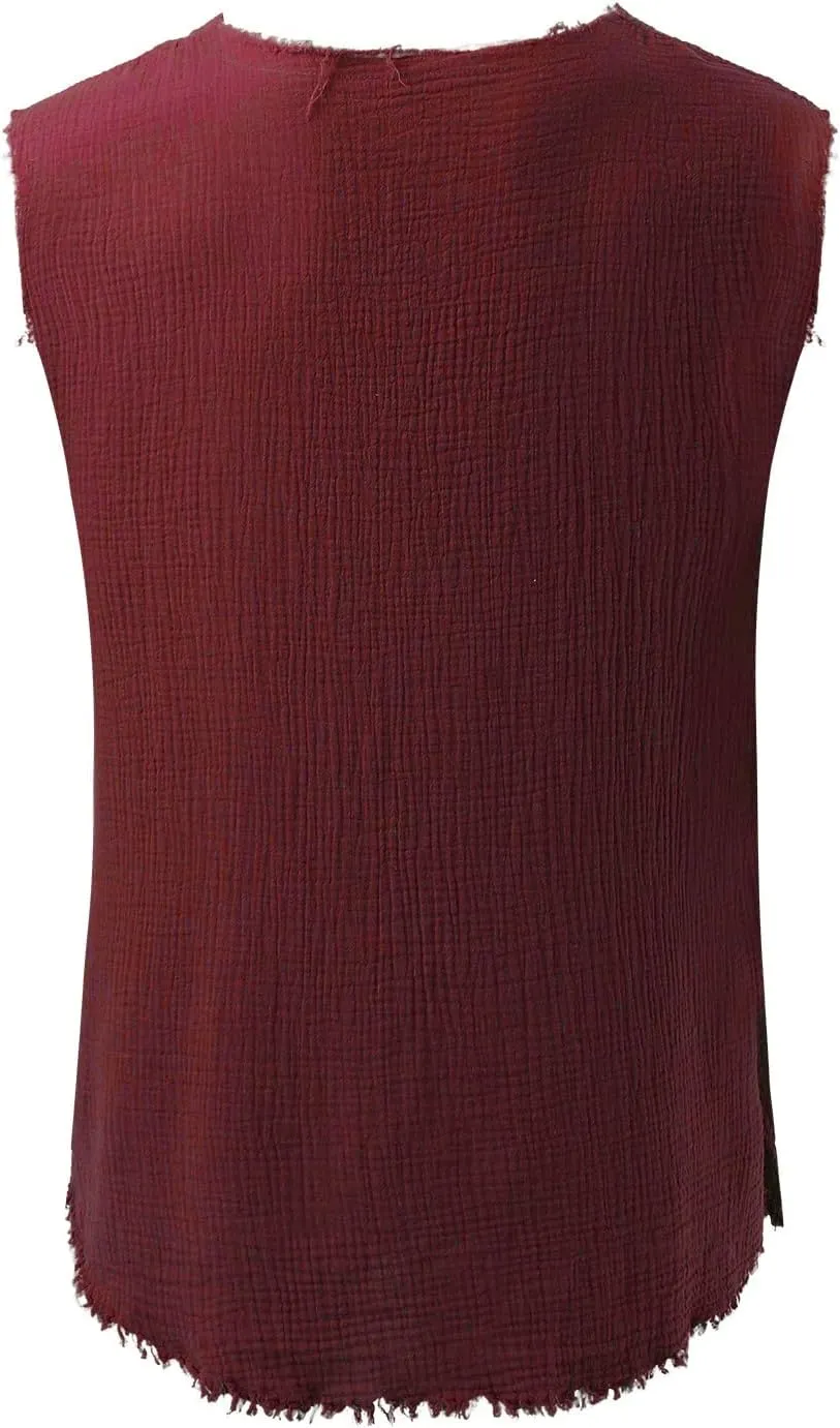 Mens Sleevess Summer Shirts Casual Cotton Linen Cut Off Muscle T-Shirt Vintage Raw Edge V-Neck Baggy Tank Tops Vest
