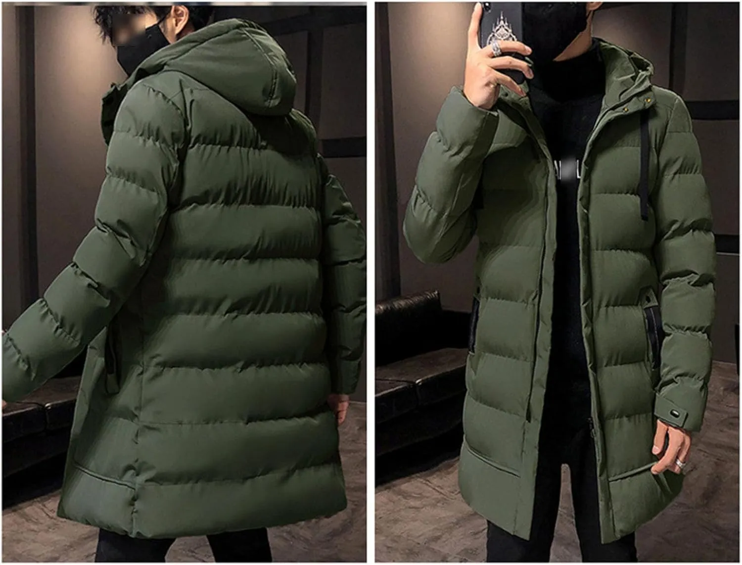 Mens Slim Fit Hooded Padded Coat Mid Length Warm Winter Quilted Puffer Jacket Windproof Thicken Down Outwear