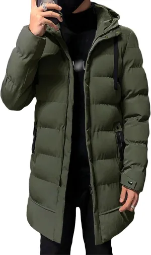 Mens Slim Fit Hooded Padded Coat Mid Length Warm Winter Quilted Puffer Jacket Windproof Thicken Down Outwear