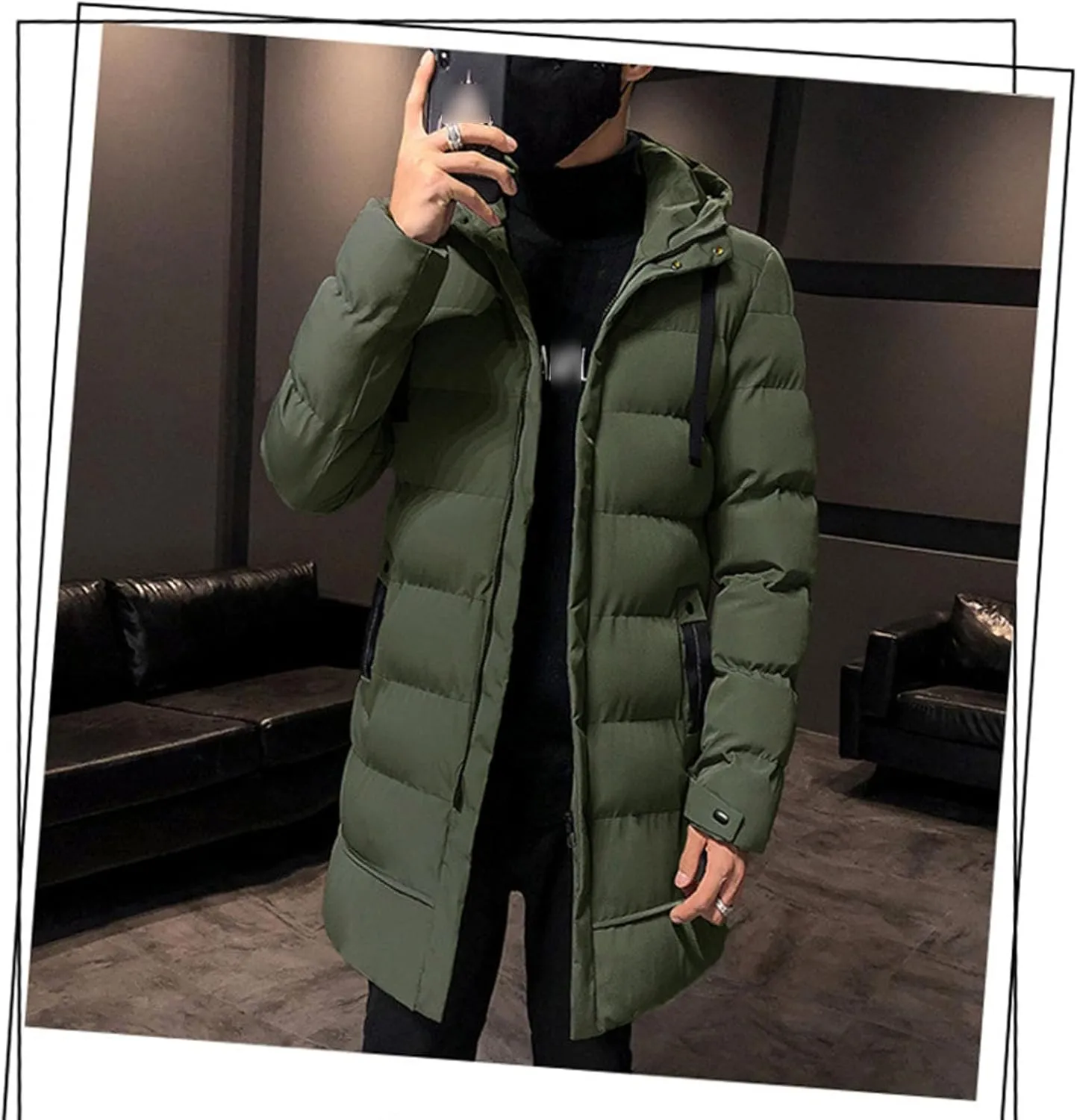 Mens Slim Fit Hooded Padded Coat Mid Length Warm Winter Quilted Puffer Jacket Windproof Thicken Down Outwear