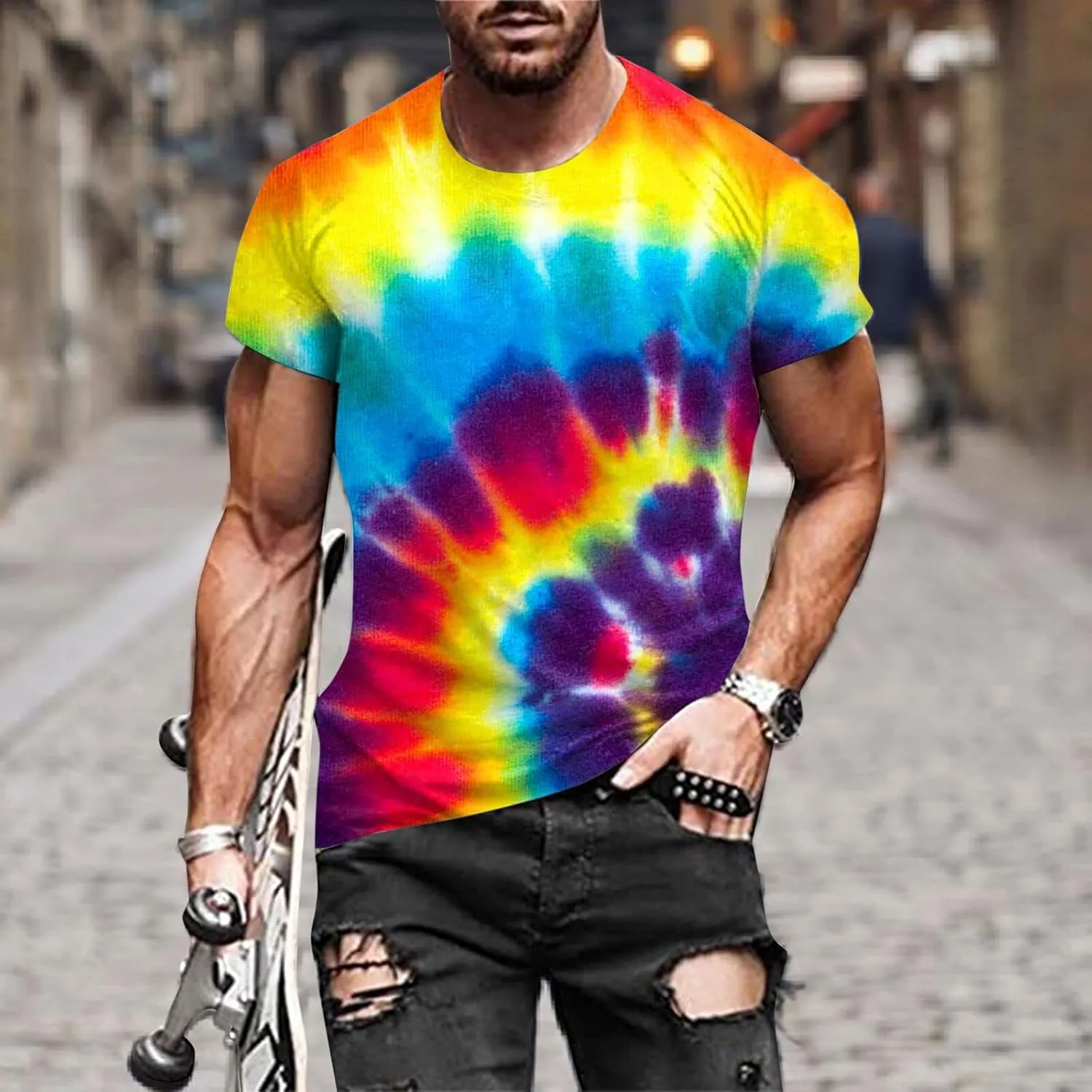 Mens Summer Shirt Rainbow Tie Dye T-Shirt Summer Casual Short Sleeve Tops Cool 3D Printing Muscle Workout Tees Blouse