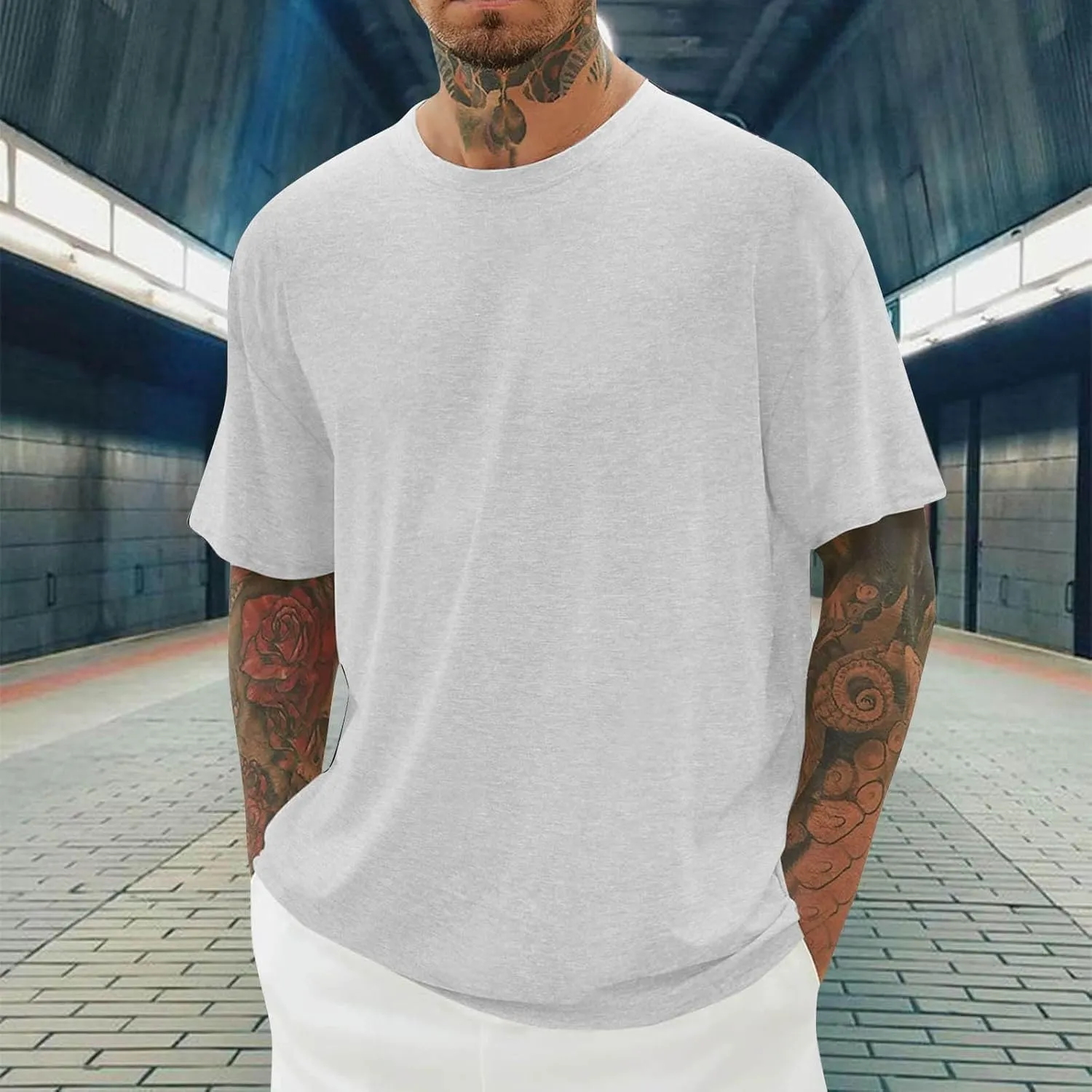 Men's Summer Tops Heavy Weight Crew Neck Short Sleeve Tee Shirt Stylish Stretch Athletic Oversized Solid Pullover Tees
