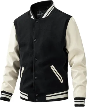 Mens Varsity Jackets Faux Leather Long Sleeve Bomber Jacket Vintage Sweatshirt Casual Streetwear Button Coats
