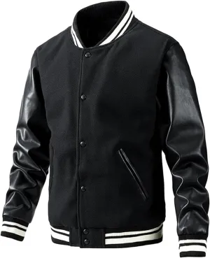 Mens Varsity Jackets Faux Leather Long Sleeve Bomber Jacket Vintage Sweatshirt Casual Streetwear Button Coats
