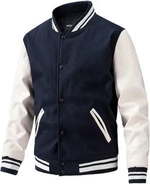 Mens Varsity Jackets Faux Leather Long Sleeve Bomber Jacket Vintage Sweatshirt Casual Streetwear Button Coats