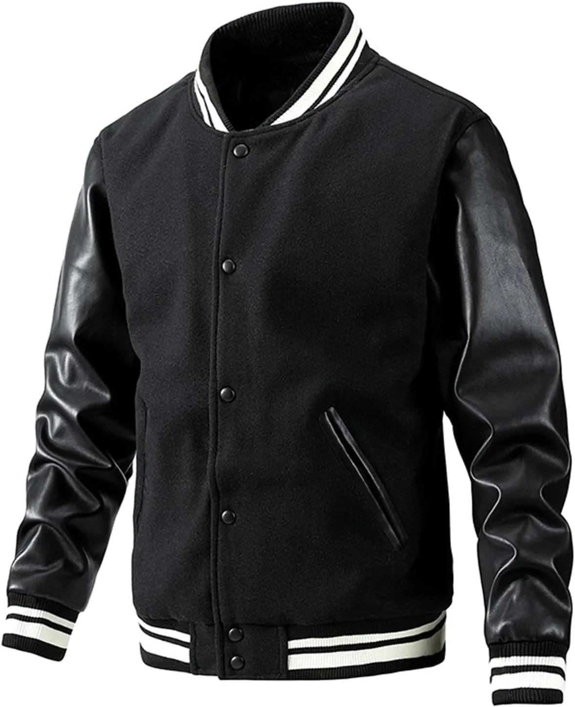 Mens Varsity Jackets Faux Leather Long Sleeve Bomber Jacket Vintage Sweatshirt Casual Streetwear Button Coats