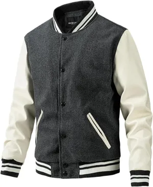 Mens Varsity Jackets Faux Leather Long Sleeve Bomber Jacket Vintage Sweatshirt Casual Streetwear Button Coats
