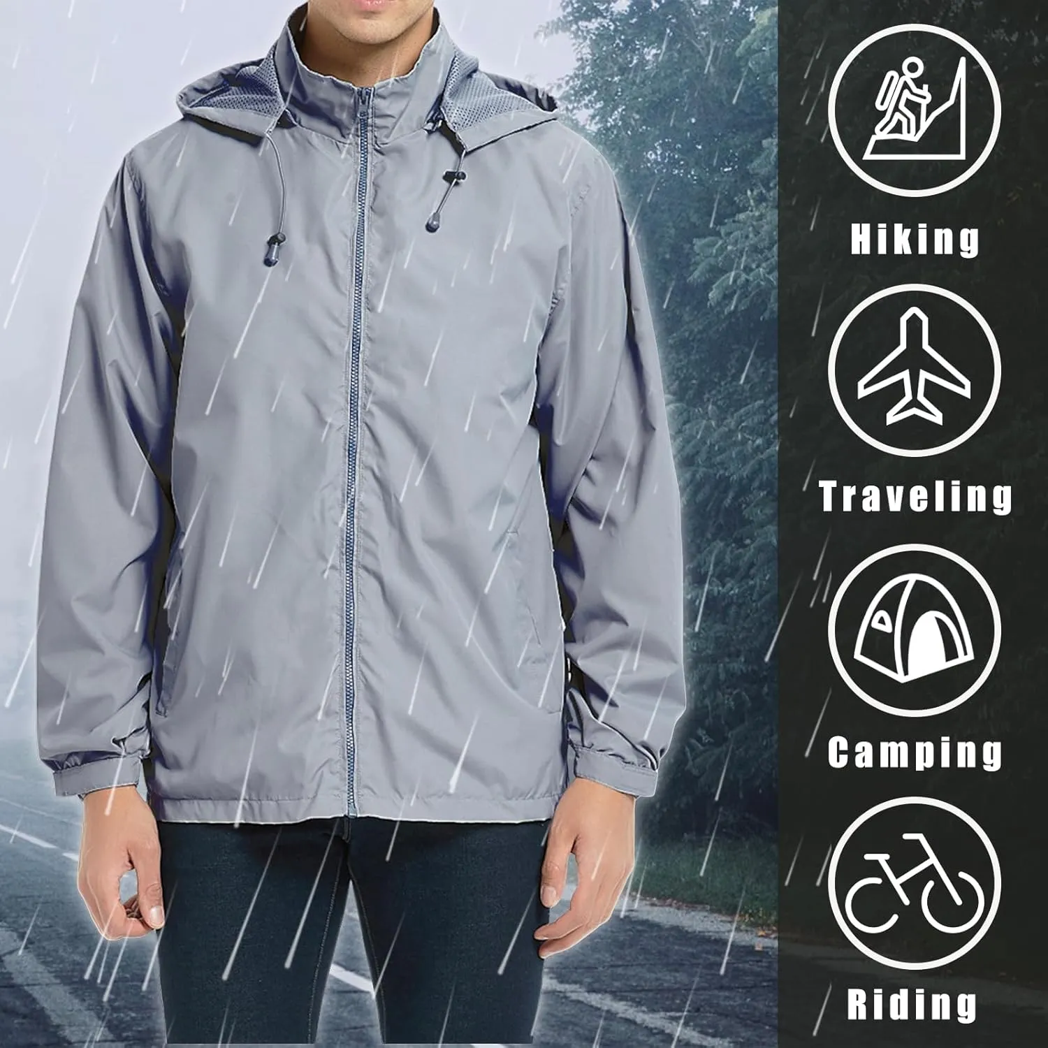 Mens Zip Up Jackets Hooded Waterproof Windbreakers Loose Coats Fashion Lapel Plain Clothes with Pocket 2024 New